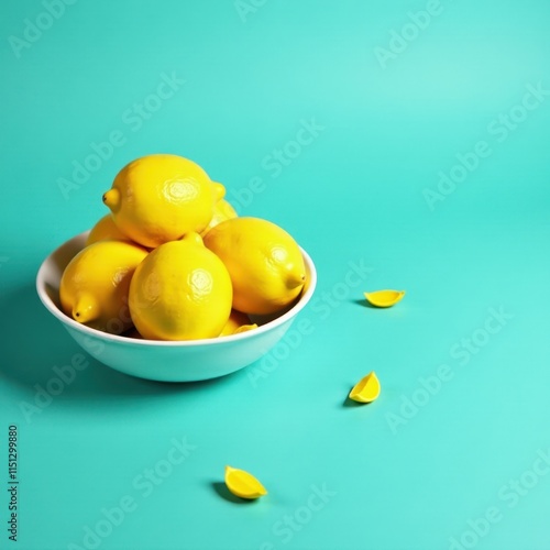 Fresh lemons in a bowl on a bright cyan background, with some scattered in the middle, fruit, citrus