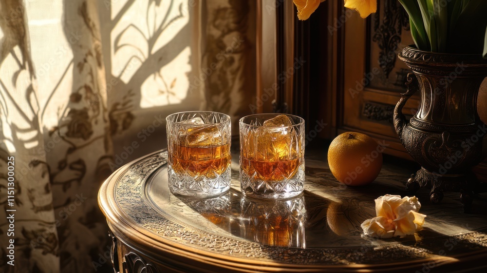 Two glasses of whiskey with an orange and flowers on a table. Two glasses of whiskey with an orange and flowers on a table.