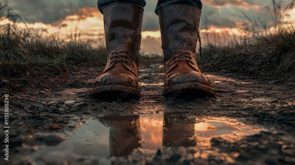 Mud-covered boots on rural path during sunset Mud-covered boots on rural path during sunset