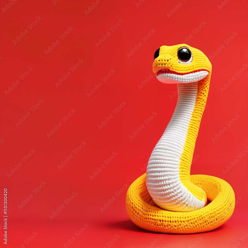 Fototapeta premium A yellow crocheted snake curled on a red background. snake raising its head.