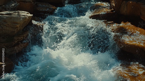 Surging Water Over Rocky Stream Bed Captured in Natural Setting with Vibrant Blue Hues