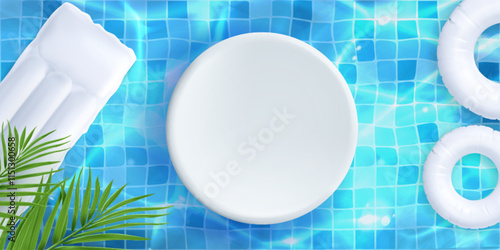 Pool podium scene with white circular platform on blue mosaic bottom and water surface with floating inflatable mattress, rings and palm leaves. Summer display setup for aquatic presentation.