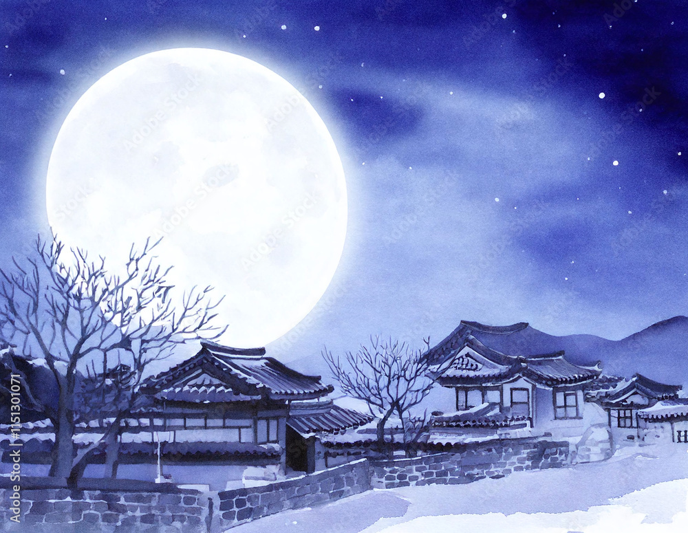 Naklejka premium 정월대보름 보름달이 뜬 한옥 풍경