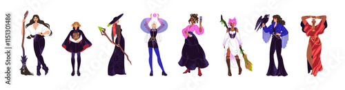 Set of young witches. Magician women with brooms, magic books, raven, crystal ball. Fortune teller holds tarot cards. Sorceress, characters of witchcraft. Flat isolated vector illustrations on white