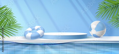 Pool podium display with light blue circular platform on poolside beside crystal water surface, striped inflatable ring and beach ball. Tropical summer scene with palm leaves for vacation promotion.