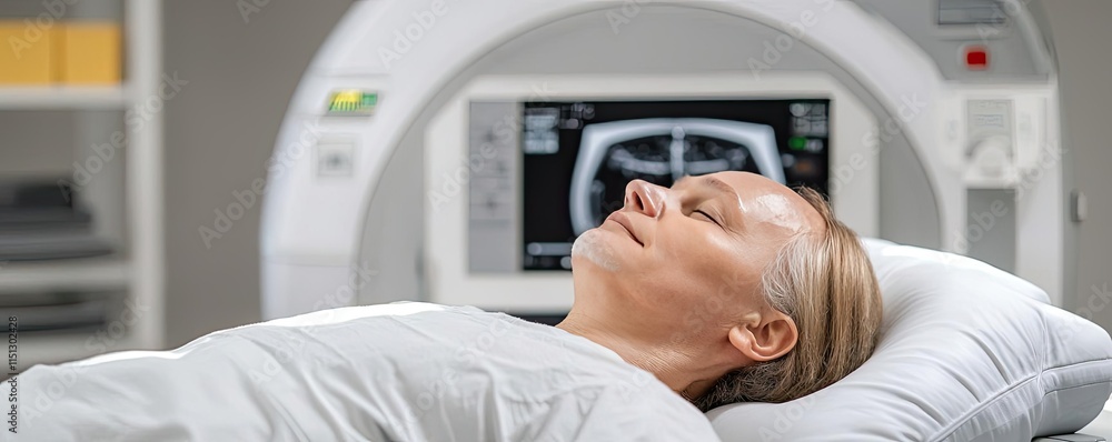 Fototapeta premium Osteoporosis disease idea. Patient undergoing a CT scan in a modern medical facility.