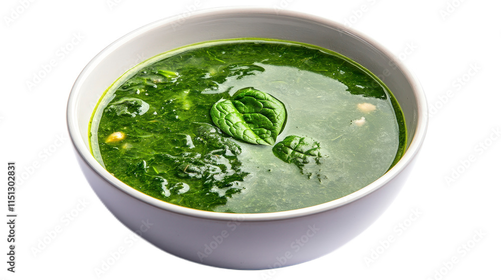 Fresh and Healthy Spinach Soup in White Bowl on a Plain Background Fresh and Healthy Spinach Soup in White Bowl on a Plain Background