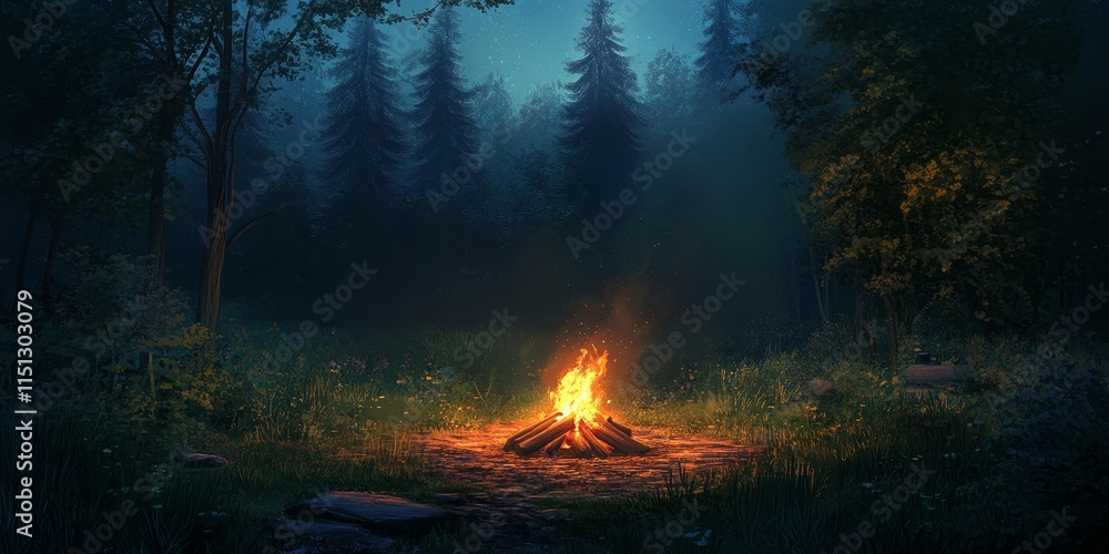 Nighttime campfire nestled in the forest, providing an opportunity for outdoor enjoyment and creating a cozy atmosphere for sharing stories and relaxation. Nighttime campfire nestled in the forest, providing an opportunity for outdoor enjoyment and creating a cozy atmosphere for sharing stories and relaxation.