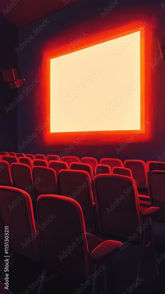 Obraz premium People in the cinema auditorium with Cinema blank wide screen and red chairs in the cinema hall,People silhouettes watching movie performance,empty white screen,space for text,copy space.
