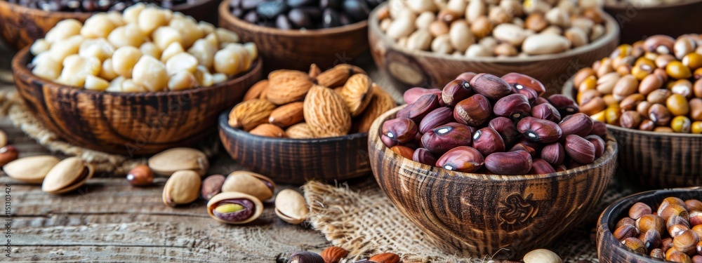 Mixed Nuts in Rustic Bowls on Wooden Surface Mixed Nuts in Rustic Bowls on Wooden Surface