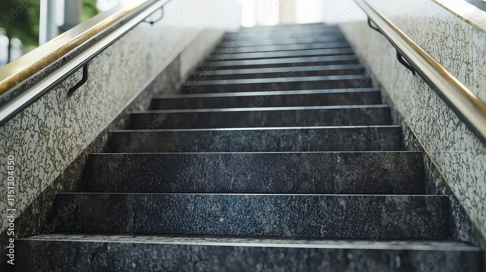 Stone staircase with metal railings leading to bright entrance Stone staircase with metal railings leading to bright entrance