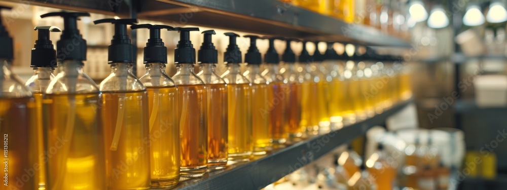 Oil Bottles with Pouring Spouts on Market Shelf Oil Bottles with Pouring Spouts on Market Shelf