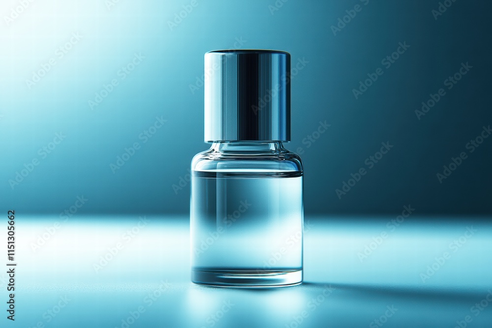A sleek glass bottle filled with clear liquid no lable, illuminated against a blue backdrop, exuding a modern and elegant aesthetic. A sleek glass bottle filled with clear liquid no lable, illuminated against a blue backdrop, exuding a modern and elegant aesthetic.