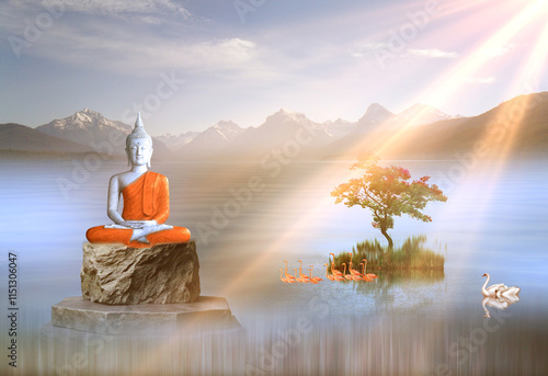 Photos sunrise Landscape background with lord buddha meditating on rock , 3D interior decor wallpaper for print
