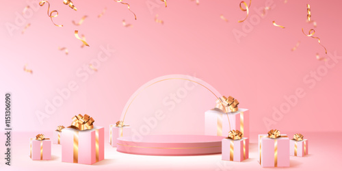 Pink podium display with wrapped gift boxes, golden bows and ribbons. Festive presentation platform with circular arch and falling confetti elements for birthday celebrations or product showcase.