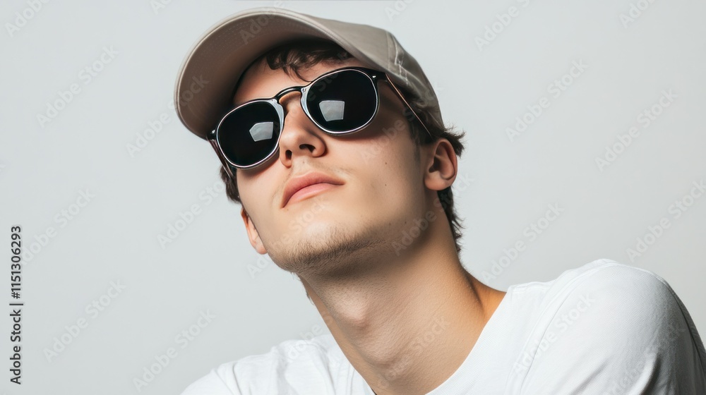 A young man wearing sunglasses and a cap, leaning slightly, isolated on a white background A young man wearing sunglasses and a cap, leaning slightly, isolated on a white background