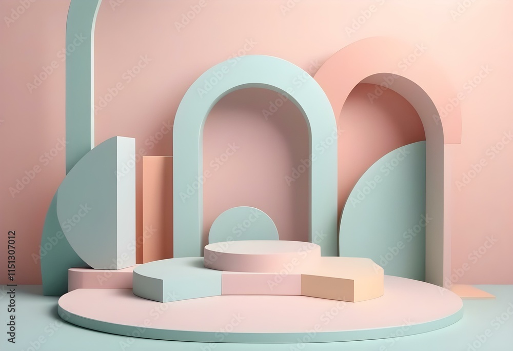 Abstract background with geometric forms and podiums in pastel color for product presentation. Podium and arch to show cosmetic products. Abstract background with geometric forms and podiums in pastel color for product presentation. Podium and arch to show cosmetic products.