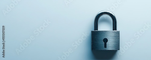 Minimalistic metal padlock on a white background, ample copy space, representing security, protection, and lock technology photo