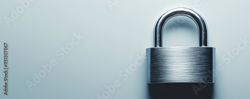 Minimalistic metal padlock on a white background, ample copy space, representing security, protection, and lock technology photo