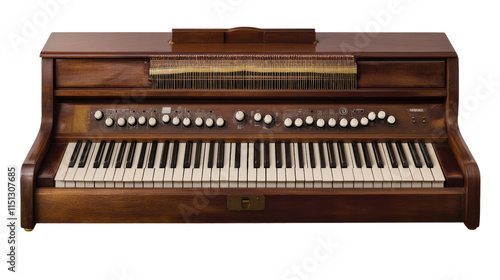 Vintage Electronic Piano: A classic, vintage electronic piano with a sleek, wooden cabinet and a keyboard ready to create music. It evokes the nostalgic feel of a bygone era of musical innovation.  photo