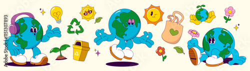 Planet Earth mascot surrounded by eco friendly symbols - recycling bin, growing plants, reusable bag, light bulb, sun. Cheerful global character shown listening to music, floating, relax with flowers.