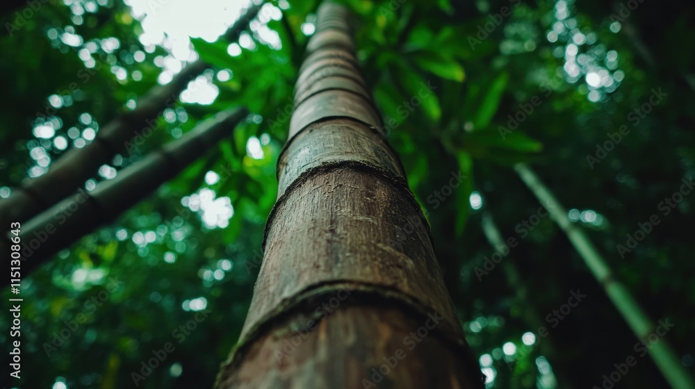 tall bamboo stalk rises towards the sky in a vibrant tropical forest. Dense foliage surrounds it, creating a serene atmosphere with dappled sunlight filtering through the leaves tall bamboo stalk rises towards the sky in a vibrant tropical forest. Dense foliage surrounds it, creating a serene atmosphere with dappled sunlight filtering through the leaves