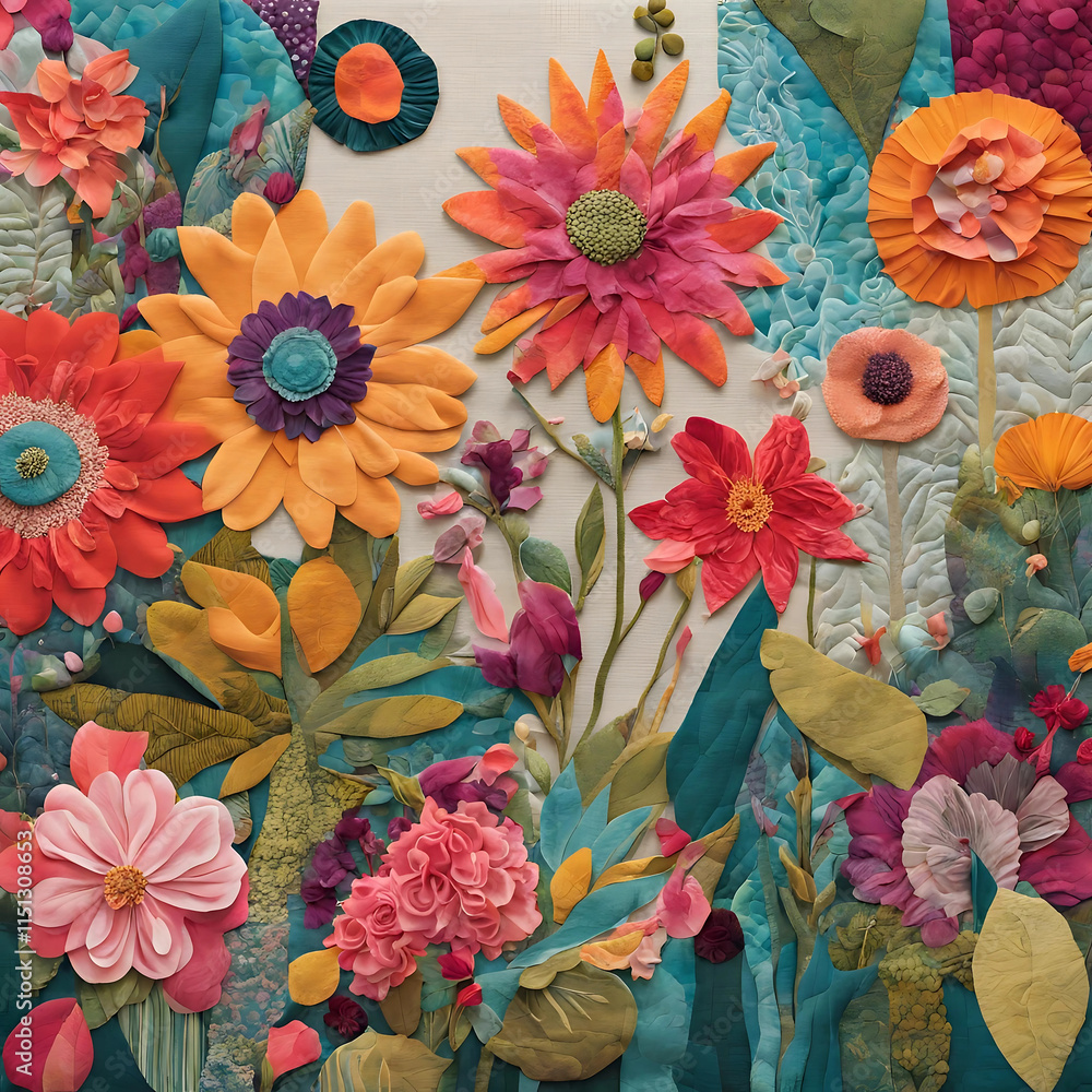 Vibrant Collage of Flowers and Plants with Fabric Textures and Colors Vibrant Collage of Flowers and Plants with Fabric Textures and Colors