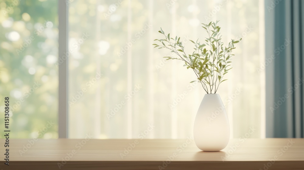A minimalist vase with delicate branches sits on a wooden table, illuminated by soft natural light from a nearby window. A minimalist vase with delicate branches sits on a wooden table, illuminated by soft natural light from a nearby window.