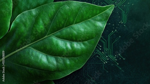 Vibrant green leaves rest against a background of intricate circuit lines, showcasing the harmony between nature and technology in a modern design photo