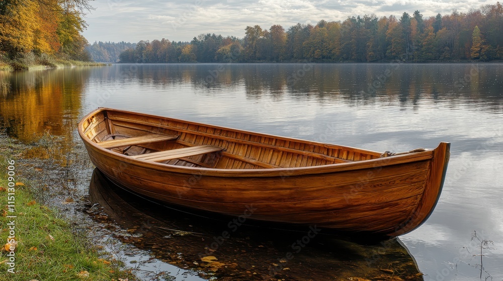 A wooden rowboat moored on a tranquil lake shore. A wooden rowboat moored on a tranquil lake shore.