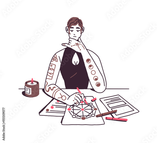Fortune teller telling destiny with numerology. Woman does divination with horoscope, astrology. Fortuneteller creates natal chart outline. Flat isolated hand drawn vector illustration on white