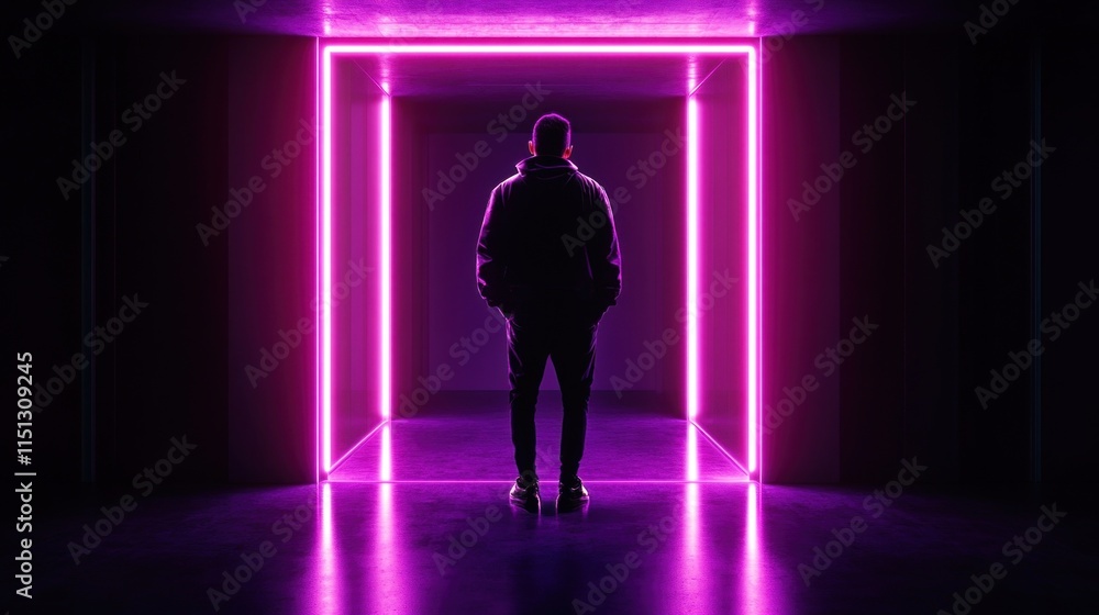 solitary figure stands in a narrow corridor illuminated by bright purple neon lights. contrasting shadows enhance the mysterious and atmospheric feel of the setting solitary figure stands in a narrow corridor illuminated by bright purple neon lights. contrasting shadows enhance the mysterious and atmospheric feel of the setting