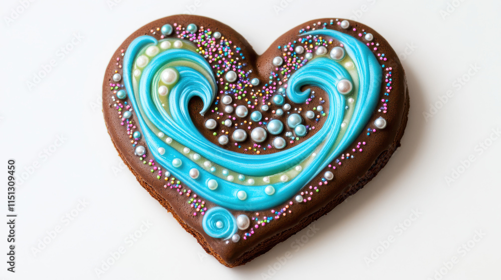 Obraz premium A chocolate heart-shaped cookie with bright turquoise icing swirls, dotted with shiny silver edible pearls, playful rainbow sprinkles