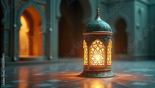 glowing light inside lantern in the mosque, Muslim holy month Ramadan Kareem concept, Ornate golden Ramadan lantern, intricate Islamic patterns