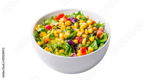 Fresh Green Salad with Corn and Colorful Vegetables in Bowl