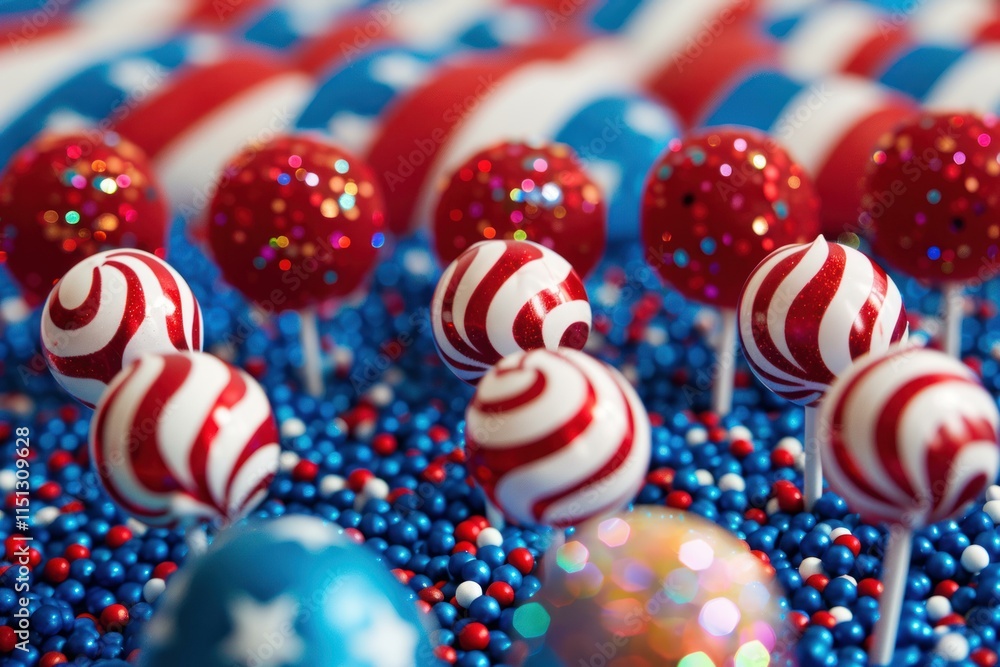 Obraz premium Red, white, and blue lollipops stand among candy beads, creating a festive scene for independence day