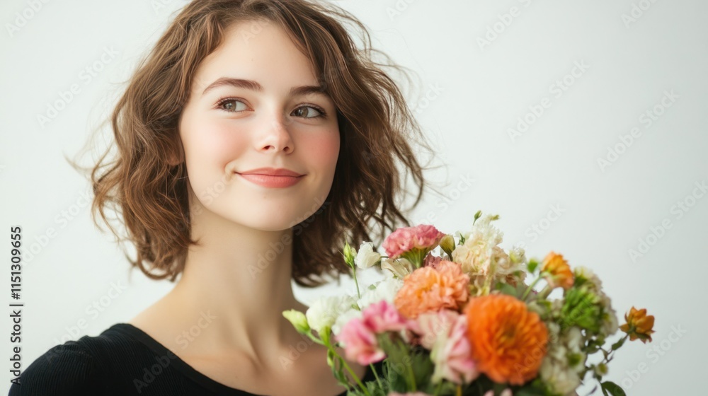 A young woman holding a bouquet of flowers, smiling softly, isolated on a white background A young woman holding a bouquet of flowers, smiling softly, isolated on a white background