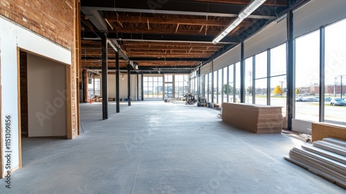 empty commercial space is undergoing renovation, featuring large windows that allow natural light, exposed beams, and a clear layout ready for future development