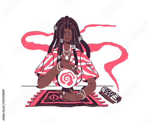 Fortune teller telling destiny with magic ball. Fortuneteller does divination of fate with crystal sphere. Witch predicts future, reads prophecy. Flat isolated hand drawn vector illustration on white
