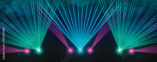 Stage laser show - neon green, blue and pink beams radiating upward into dark space. Bright luminous display with glowing points and smoke. Realistic dynamic concert or night club lighting effects.