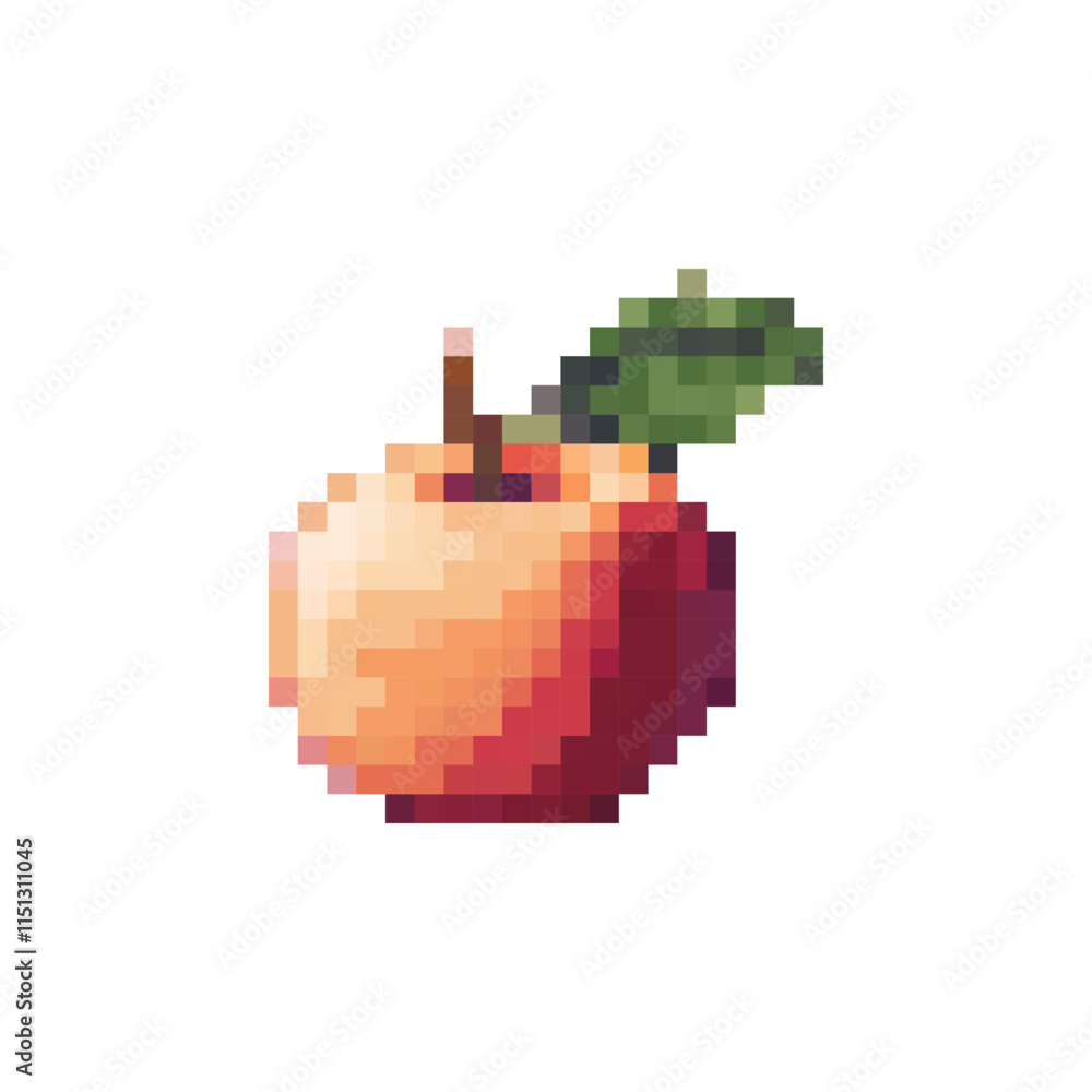Fototapeta premium Peach pixel art icon, fruit logo. Isolated vector illustration. Game assets 8-bit sprite. Design for stickers, web, mobile app etc. Minimalistic pixel graphic. Fruit symbol. Old style. 80s, 90s 