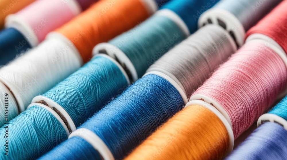 Rows of vibrant spools of thread in different colors are organized neatly in a craft workshop. Each spool displays a unique hue, ideal for sewing projects and creative endeavors Rows of vibrant spools of thread in different colors are organized neatly in a craft workshop. Each spool displays a unique hue, ideal for sewing projects and creative endeavors