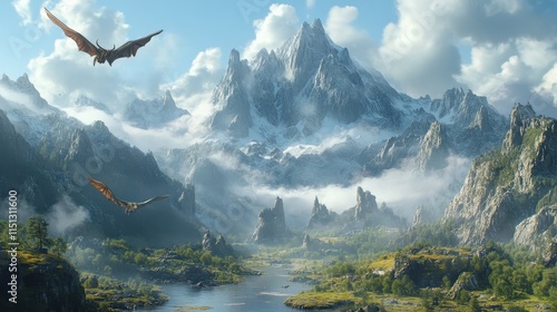 Captivating fantasy landscape with towering mountains, mythical creatures, and a serene sky, inviting exploration and adventure.