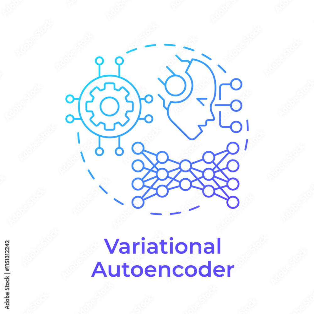 Variational autoencoder blue gradient concept icon. Generate new similar to original data. RAG technologies. Round shape line illustration. Abstract idea. Graphic design. Easy to use in article Variational autoencoder blue gradient concept icon. Generate new similar to original data. RAG technologies. Round shape line illustration. Abstract idea. Graphic design. Easy to use in article