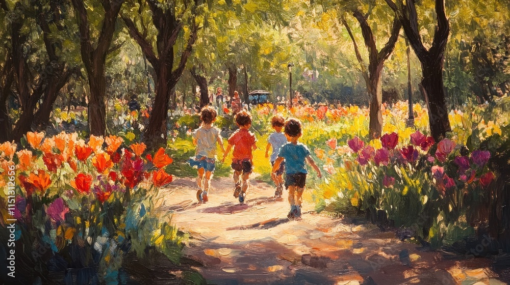 Fototapeta premium Children playing joyfully in a park, surrounded by trees and colorful flowers.
