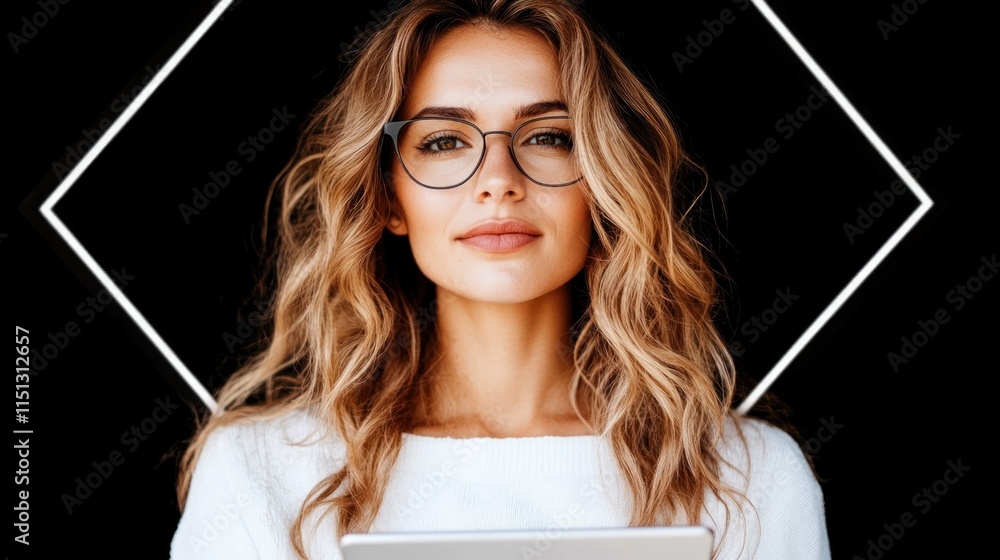 confident woman with wavy hair and glasses poses while holding a tablet, showcasing a modern and professional appearance against a sleek black backdrop confident woman with wavy hair and glasses poses while holding a tablet, showcasing a modern and professional appearance against a sleek black backdrop