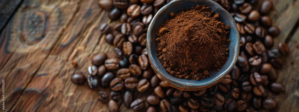 Ground Coffee in Bowl with Coffee Beans Ground Coffee in Bowl with Coffee Beans