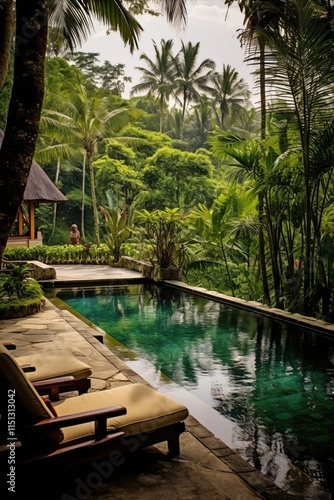 A spa hotel in the jungle. A relaxation area by the pool and tropical plants with comfortable sun loungers. A luxurious vacation. A tourist paradise is ideal for relaxation and honeymoon