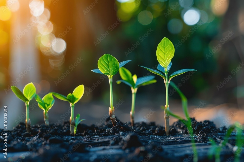 Five growing plants ordered from small to big, showing progressive growth during sunset Five growing plants ordered from small to big, showing progressive growth during sunset