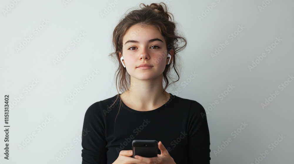 A young woman wearing earbuds and holding a smartphone, isolated on white A young woman wearing earbuds and holding a smartphone, isolated on white